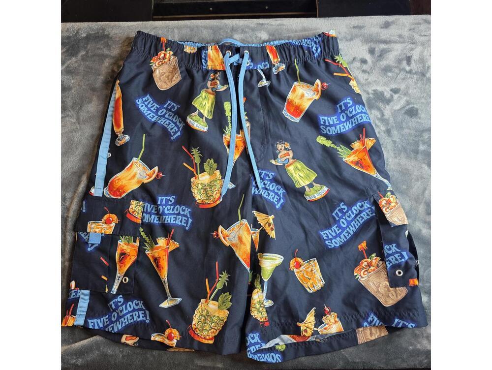Big Dog Men's Shorts M Hawaiian Swim Trunks It's 5 O'Clock Somewhere Navy Blue